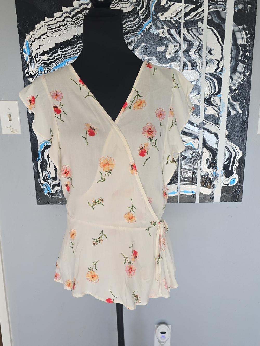 one clothing Cream Floral Wrap Blouse with Pink and Peach Blooms